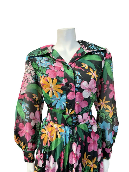 VTG 60S 70S BLACK PINK BLUE YELLOW OPEN COLLAR PLEATED SHIRT DRESS 10 12