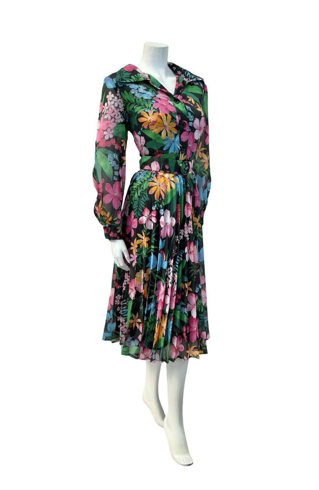 VTG 60S 70S BLACK PINK BLUE YELLOW OPEN COLLAR PLEATED SHIRT DRESS 10 12