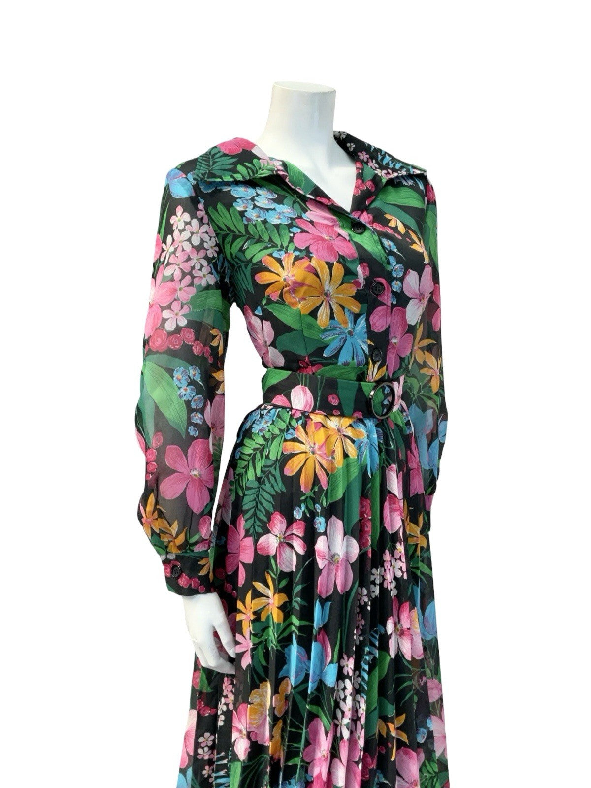 VTG 60S 70S BLACK PINK BLUE YELLOW OPEN COLLAR PLEATED SHIRT DRESS 10 12
