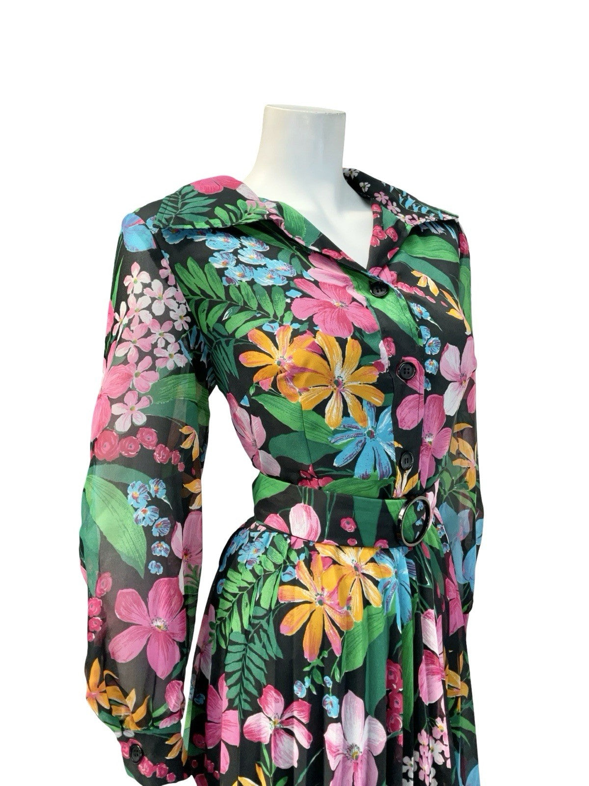 VTG 60S 70S BLACK PINK BLUE YELLOW OPEN COLLAR PLEATED SHIRT DRESS 10 12
