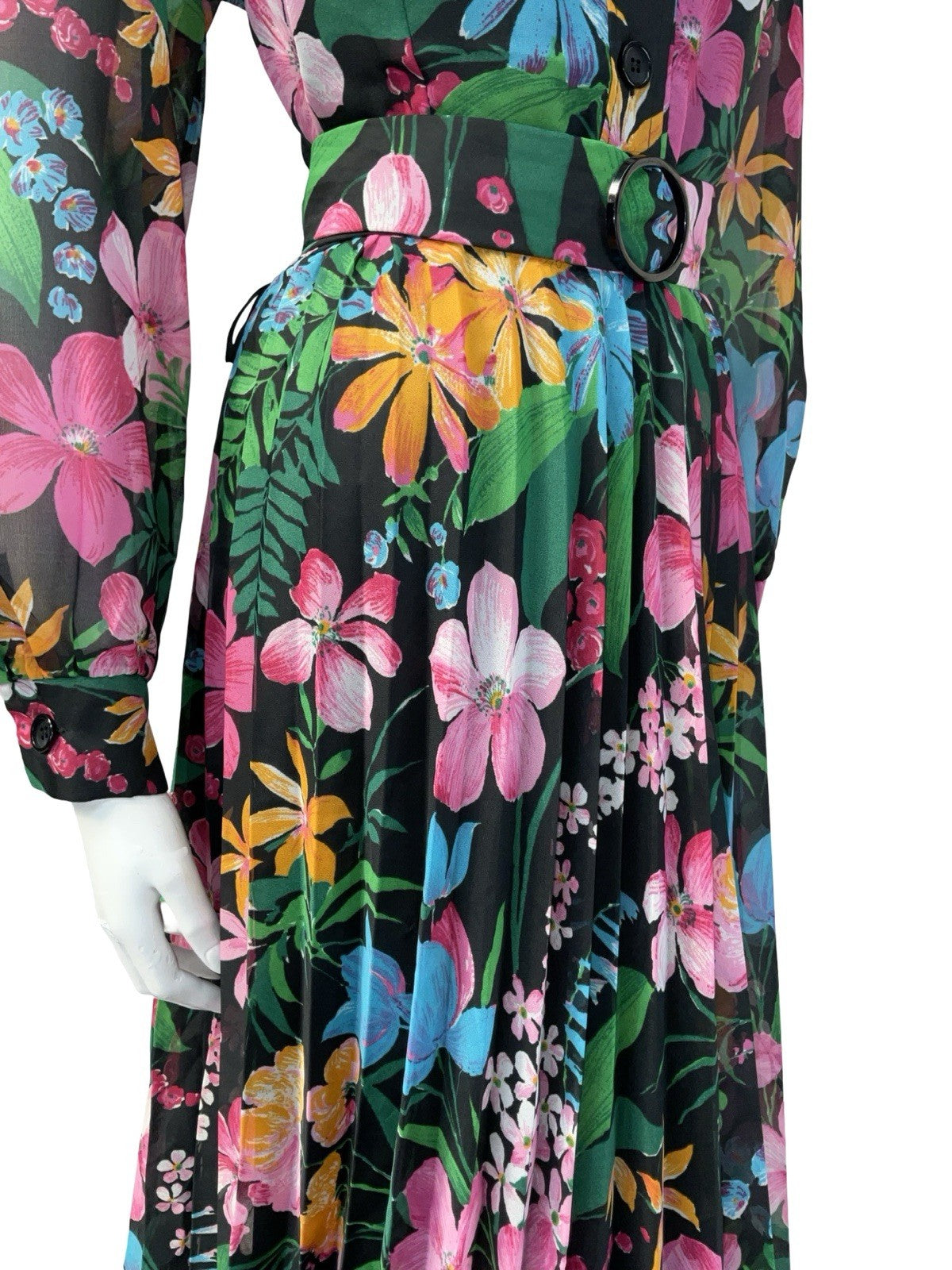 VTG 60S 70S BLACK PINK BLUE YELLOW OPEN COLLAR PLEATED SHIRT DRESS 10 12