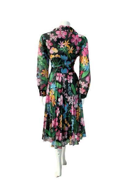 VTG 60S 70S BLACK PINK BLUE YELLOW OPEN COLLAR PLEATED SHIRT DRESS 10 12