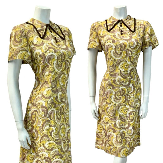 VTG 60S 70S YELLOW CREAM BROWN MOD DAGGER COLLAR PSYCHEDELIC DOTTY DRESS 12