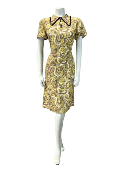 VTG 60S 70S YELLOW CREAM BROWN MOD DAGGER COLLAR PSYCHEDELIC DOTTY DRESS 12
