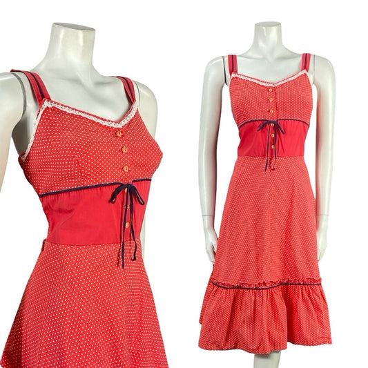 VTG 70S RED WHITE BLUE RIC RAC COTTAGE POLKA DOT SWEETHEART SWING DRESS 4 6 XS