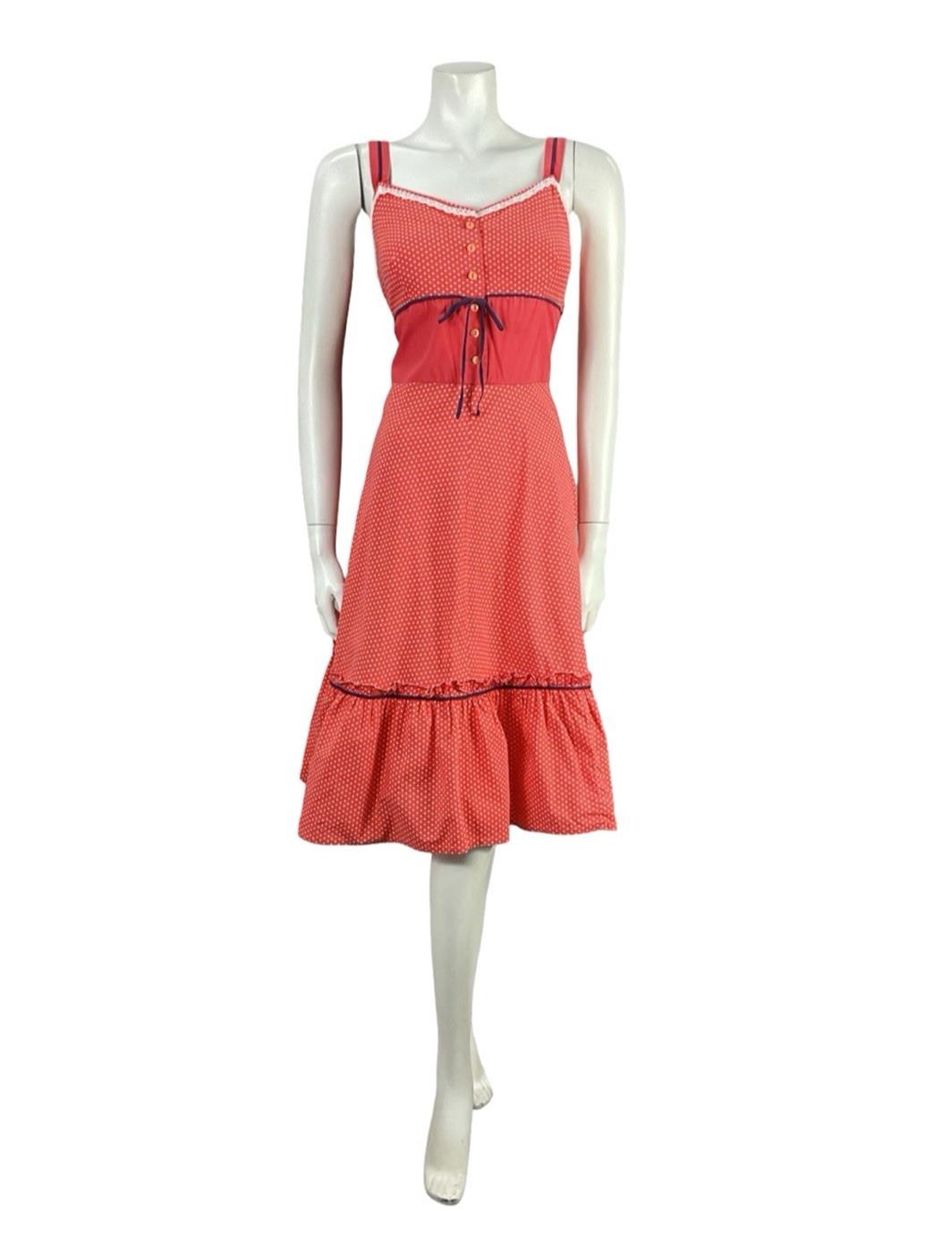 VTG 70S RED WHITE BLUE RIC RAC COTTAGE POLKA DOT SWEETHEART SWING DRESS 4 6 XS