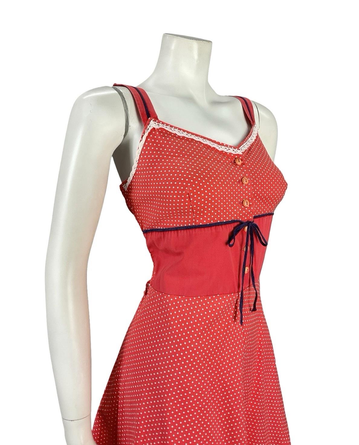 VTG 70S RED WHITE BLUE RIC RAC COTTAGE POLKA DOT SWEETHEART SWING DRESS 4 6 XS