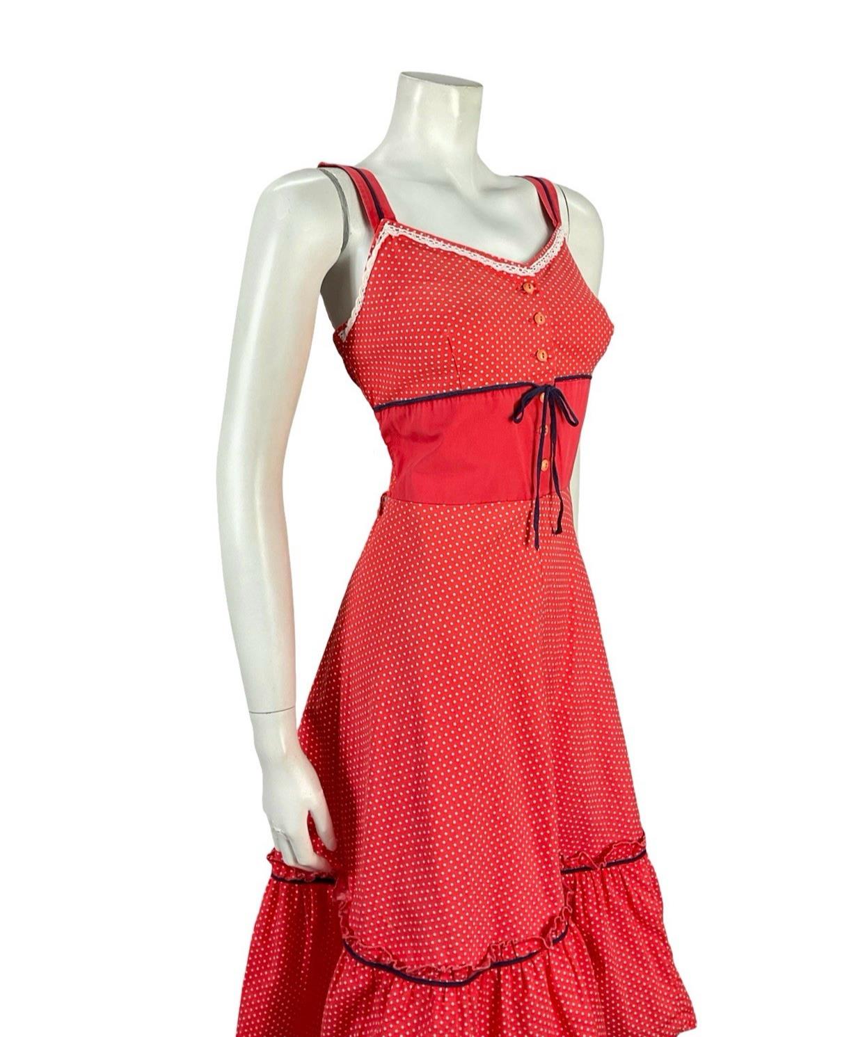 VTG 70S RED WHITE BLUE RIC RAC COTTAGE POLKA DOT SWEETHEART SWING DRESS 4 6 XS