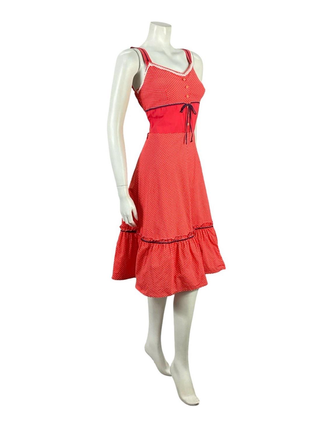 VTG 70S RED WHITE BLUE RIC RAC COTTAGE POLKA DOT SWEETHEART SWING DRESS 4 6 XS