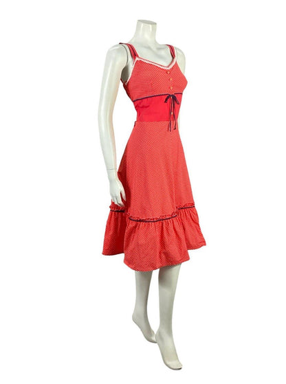 VTG 70S RED WHITE BLUE RIC RAC COTTAGE POLKA DOT SWEETHEART SWING DRESS 4 6 XS