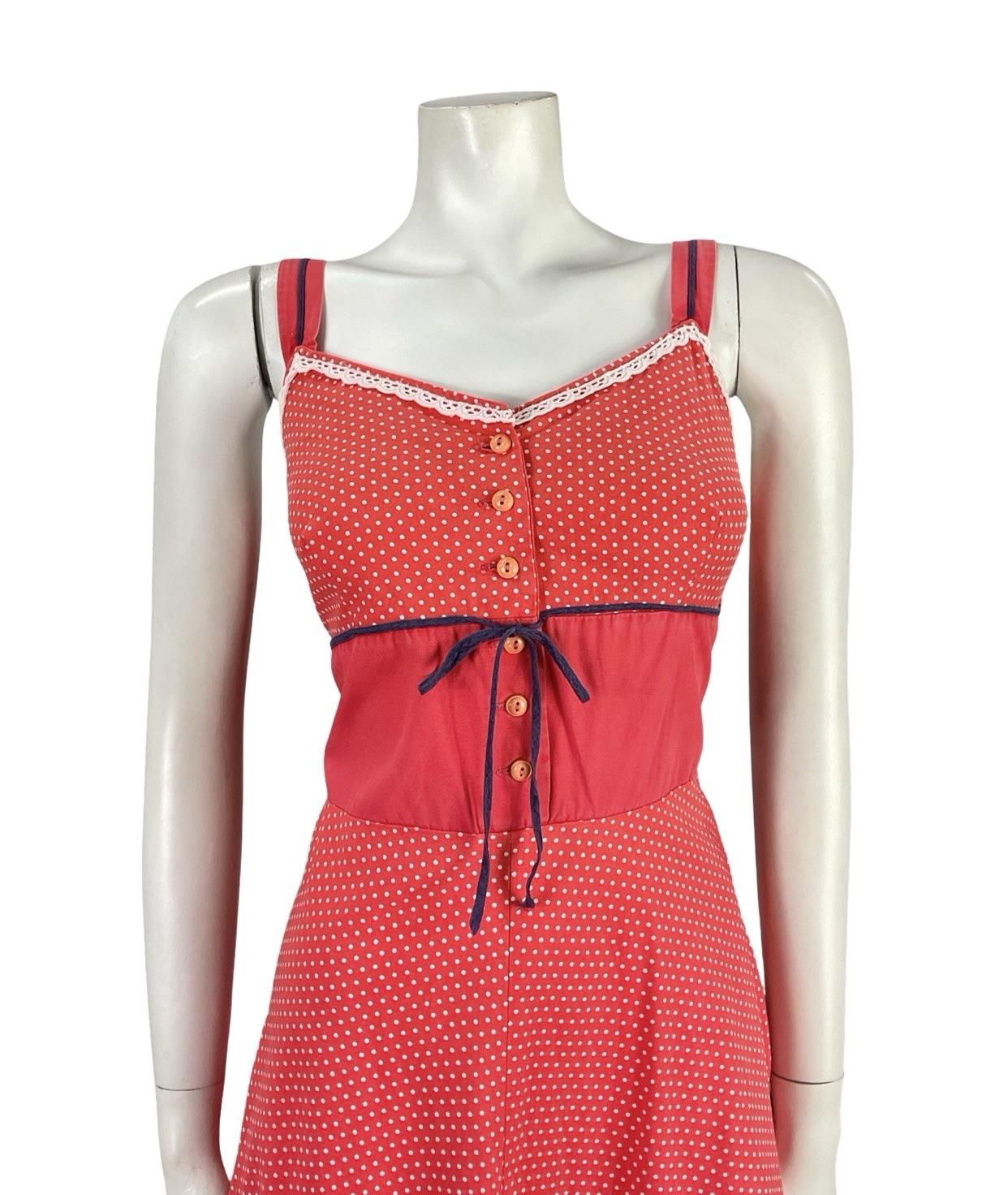 VTG 70S RED WHITE BLUE RIC RAC COTTAGE POLKA DOT SWEETHEART SWING DRESS 4 6 XS