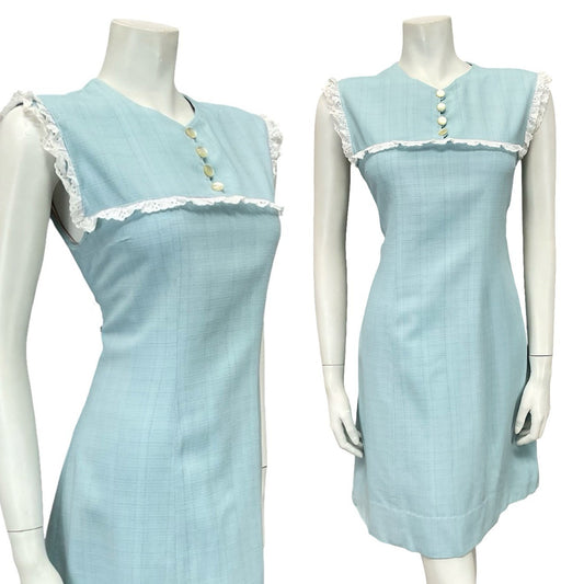 VTG 60S 70S BABY BLUE WHITE LACE YOKE BIB MOD PRAIRIE MINI SHIFT DRESS 8 10 S