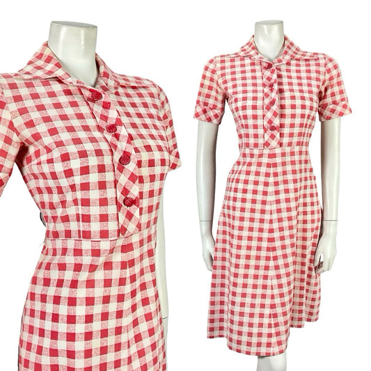 VTG 70S MOD RED WHITE GINHAM COTTAGE DAGGER A LINE SHIRT DRESS 8