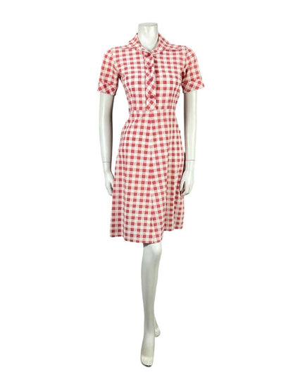 VTG 70S MOD RED WHITE GINHAM COTTAGE DAGGER A LINE SHIRT DRESS 8