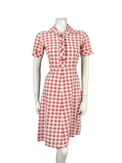 VTG 70S MOD RED WHITE GINHAM COTTAGE DAGGER A LINE SHIRT DRESS 8