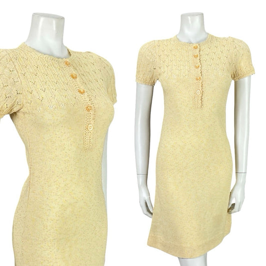 VTG 60S 70S BUTTER YELLOW PINK KNITTED MOD GOGO BODY CON DRESS 6 8 10
