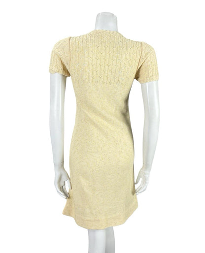 VTG 60S 70S BUTTER YELLOW PINK KNITTED MOD GOGO BODY CON DRESS 6 8 10