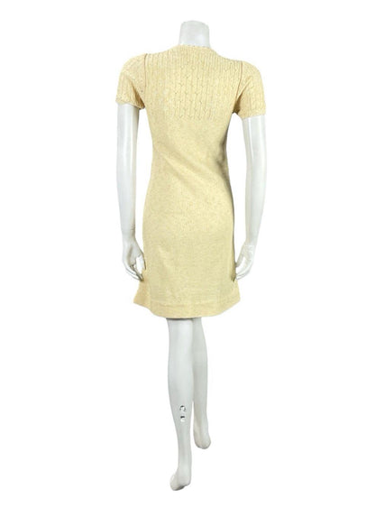 VTG 60S 70S BUTTER YELLOW PINK KNITTED MOD GOGO BODY CON DRESS 6 8 10