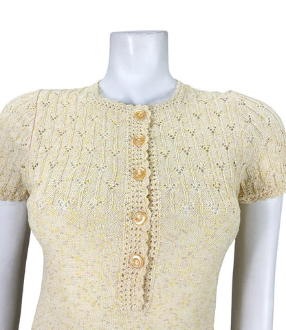 VTG 60S 70S BUTTER YELLOW PINK KNITTED MOD GOGO BODY CON DRESS 6 8 10
