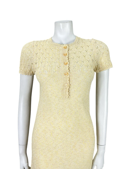 VTG 60S 70S BUTTER YELLOW PINK KNITTED MOD GOGO BODY CON DRESS 6 8 10