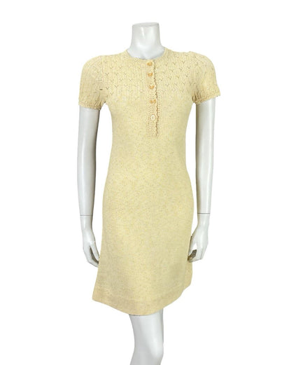 VTG 60S 70S BUTTER YELLOW PINK KNITTED MOD GOGO BODY CON DRESS 6 8 10