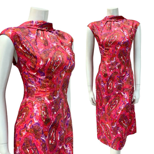 VTG 60S PINK PURPLE BROWN PSYCHEDELIC FLORAL PAISLEY MOD MIDI DRESS 14