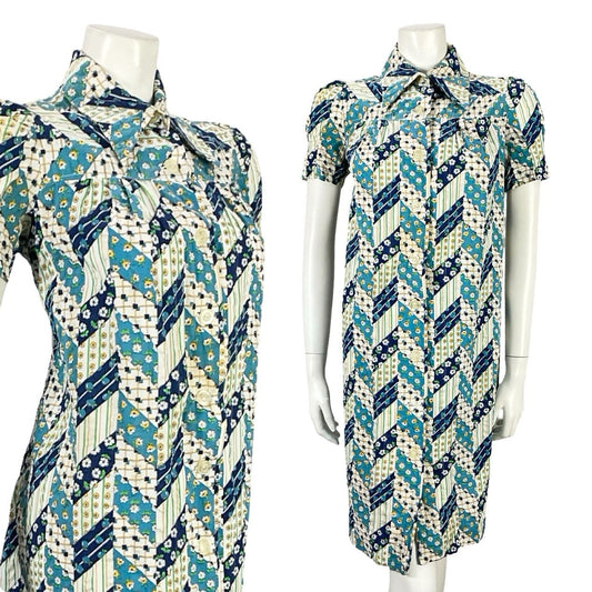 VTG 60S BLUE WHITE GREEN FLORAL ZIG ZAG GEOMETRIC MOD DAGGER TENT DRESS 8