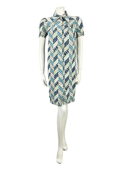 VTG 60S BLUE WHITE GREEN FLORAL ZIG ZAG GEOMETRIC MOD DAGGER TENT DRESS 8