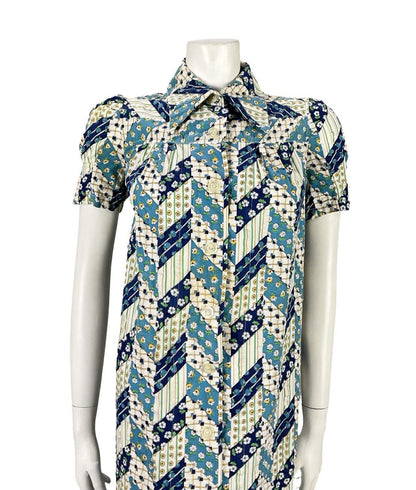 VTG 60S BLUE WHITE GREEN FLORAL ZIG ZAG GEOMETRIC MOD DAGGER TENT DRESS 8