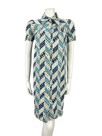 VTG 60S BLUE WHITE GREEN FLORAL ZIG ZAG GEOMETRIC MOD DAGGER TENT DRESS 8