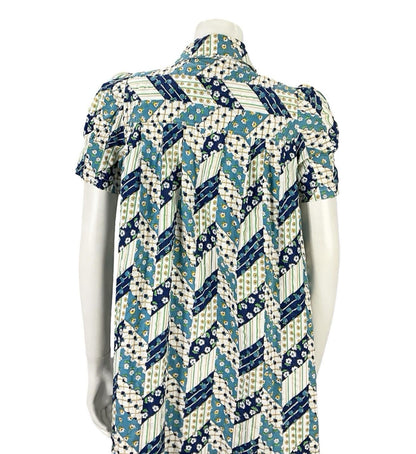VTG 60S BLUE WHITE GREEN FLORAL ZIG ZAG GEOMETRIC MOD DAGGER TENT DRESS 8