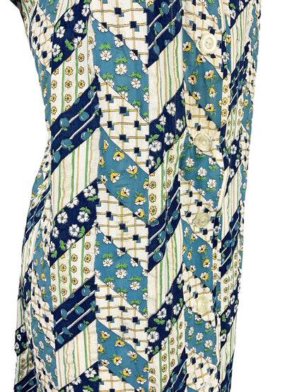 VTG 60S BLUE WHITE GREEN FLORAL ZIG ZAG GEOMETRIC MOD DAGGER TENT DRESS 8