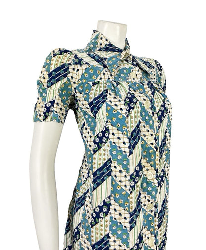 VTG 60S BLUE WHITE GREEN FLORAL ZIG ZAG GEOMETRIC MOD DAGGER TENT DRESS 8