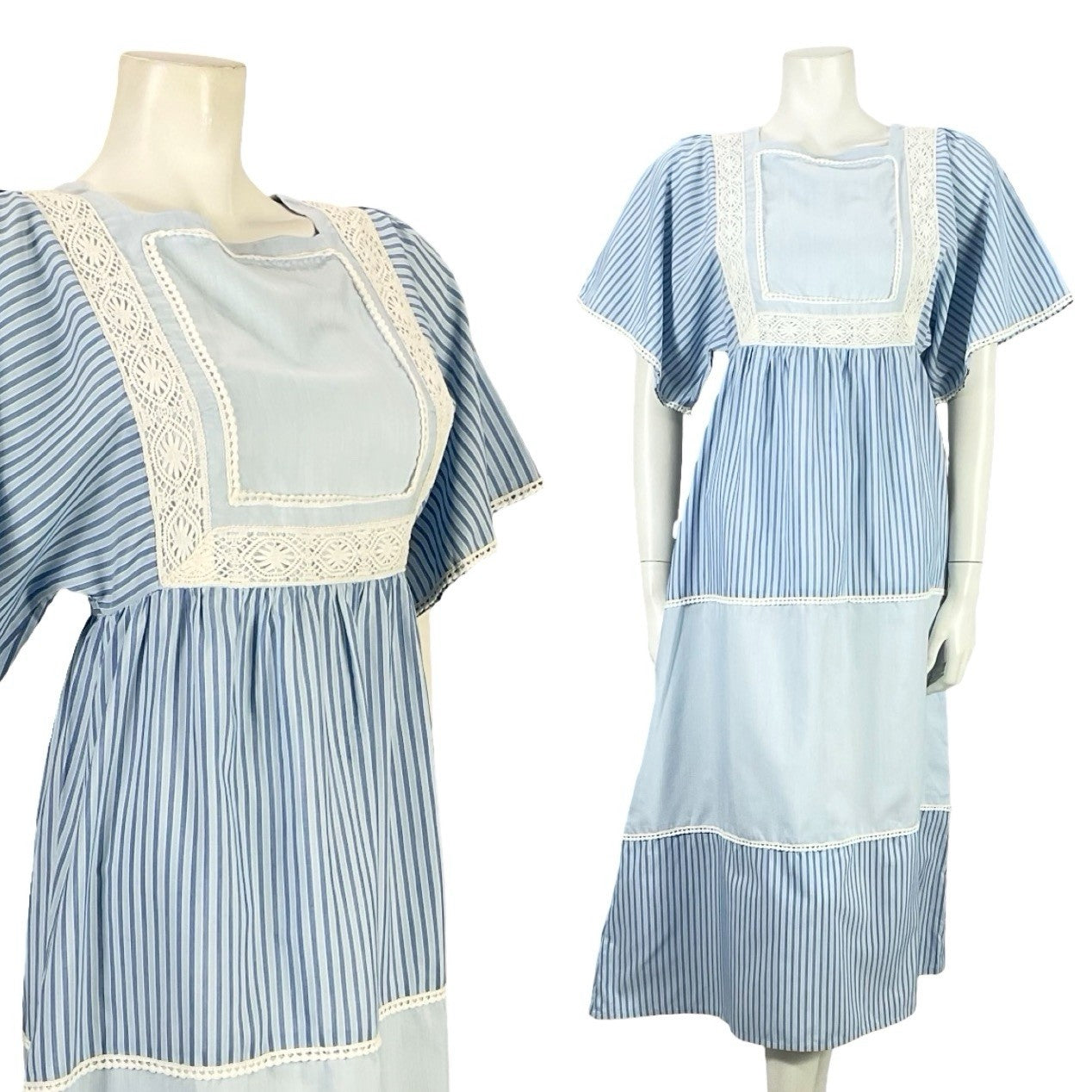 VTG 70S BLUE WHITE STRIPED TIERED LACE BOHO COTTAGE PRAIRIE COTTON DRESS 8 10 S