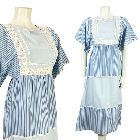 VTG 70S BLUE WHITE STRIPED TIERED LACE BOHO COTTAGE PRAIRIE COTTON DRESS 8 10 S