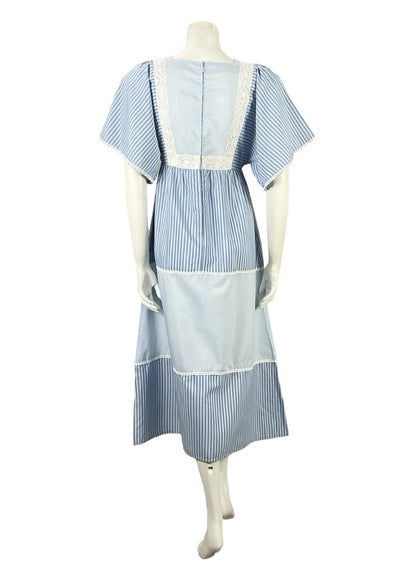 VTG 70S BLUE WHITE STRIPED TIERED LACE BOHO COTTAGE PRAIRIE COTTON DRESS 8 10 S
