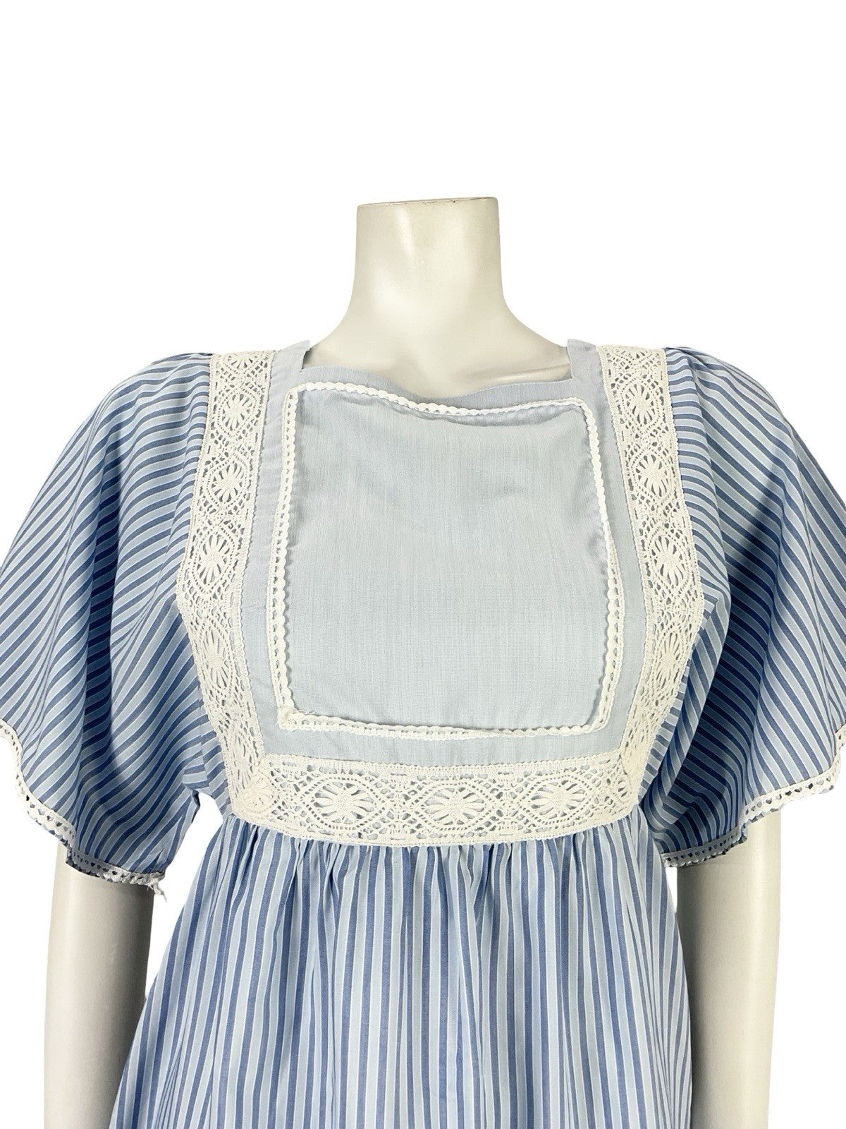 VTG 70S BLUE WHITE STRIPED TIERED LACE BOHO COTTAGE PRAIRIE COTTON DRESS 8 10 S