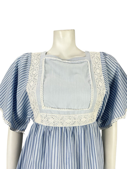 VTG 70S BLUE WHITE STRIPED TIERED LACE BOHO COTTAGE PRAIRIE COTTON DRESS 8 10 S