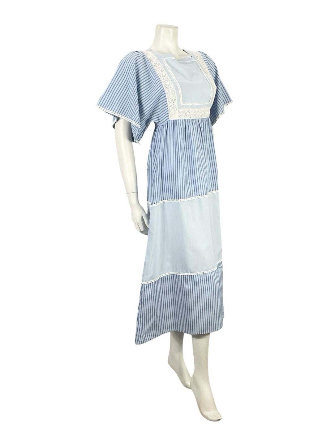 VTG 70S BLUE WHITE STRIPED TIERED LACE BOHO COTTAGE PRAIRIE COTTON DRESS 8 10 S