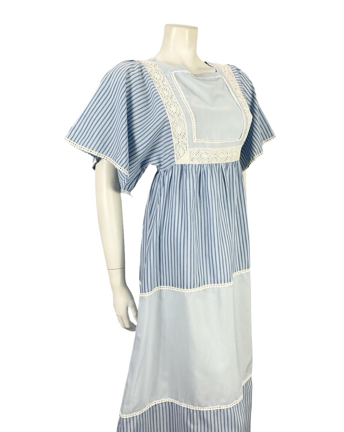 VTG 70S BLUE WHITE STRIPED TIERED LACE BOHO COTTAGE PRAIRIE COTTON DRESS 8 10 S