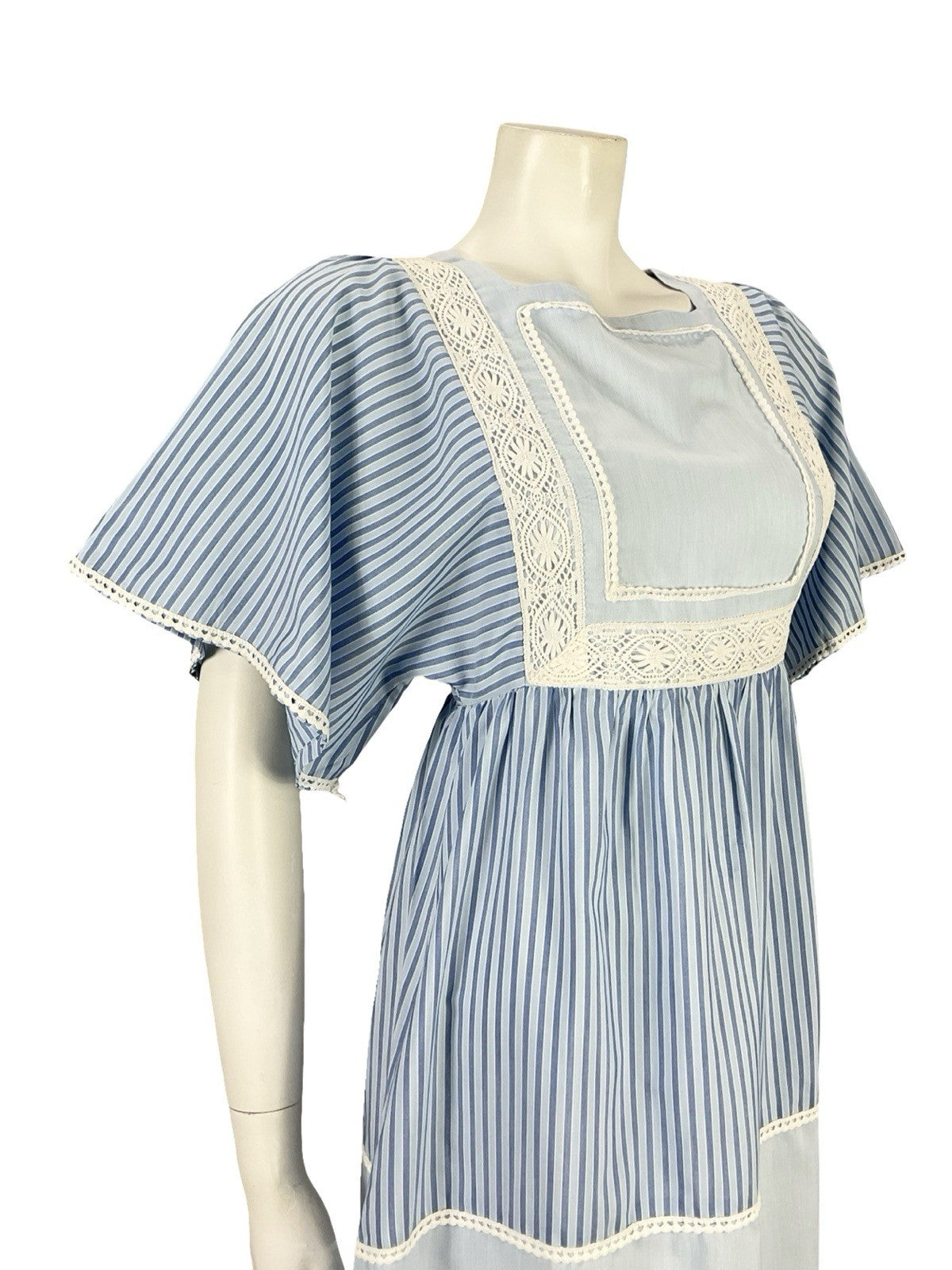 VTG 70S BLUE WHITE STRIPED TIERED LACE BOHO COTTAGE PRAIRIE COTTON DRESS 8 10 S