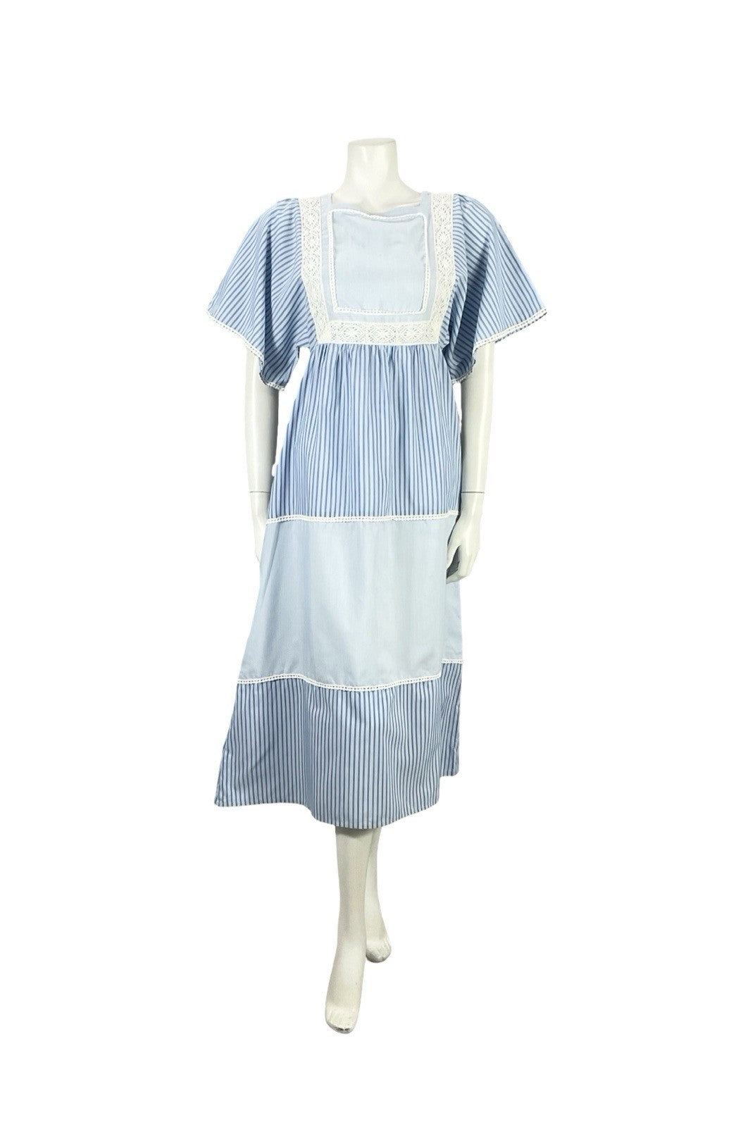 VTG 70S BLUE WHITE STRIPED TIERED LACE BOHO COTTAGE PRAIRIE COTTON DRESS 8 10 S