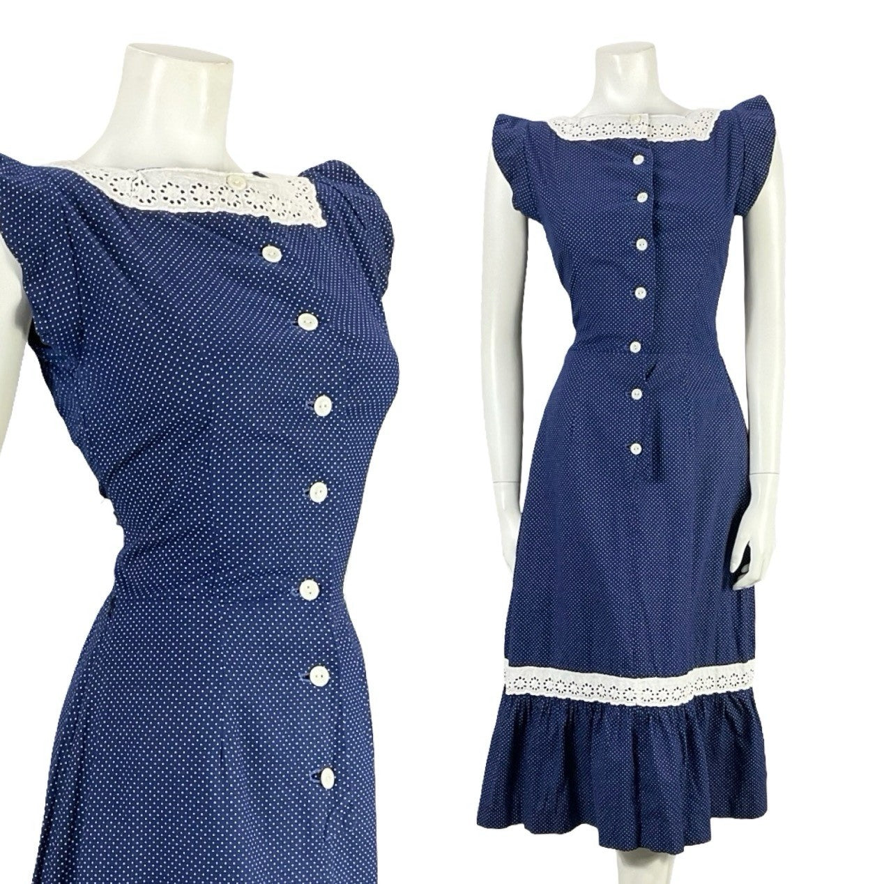 VTG 70S NAVY BLUE WHITE ANGLAISE POLKA DOT RUFFLE COTTAGE PRAIRIE DRESS 8
