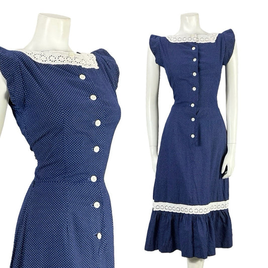 VTG 70S NAVY BLUE WHITE ANGLAISE POLKA DOT RUFFLE COTTAGE PRAIRIE DRESS 8