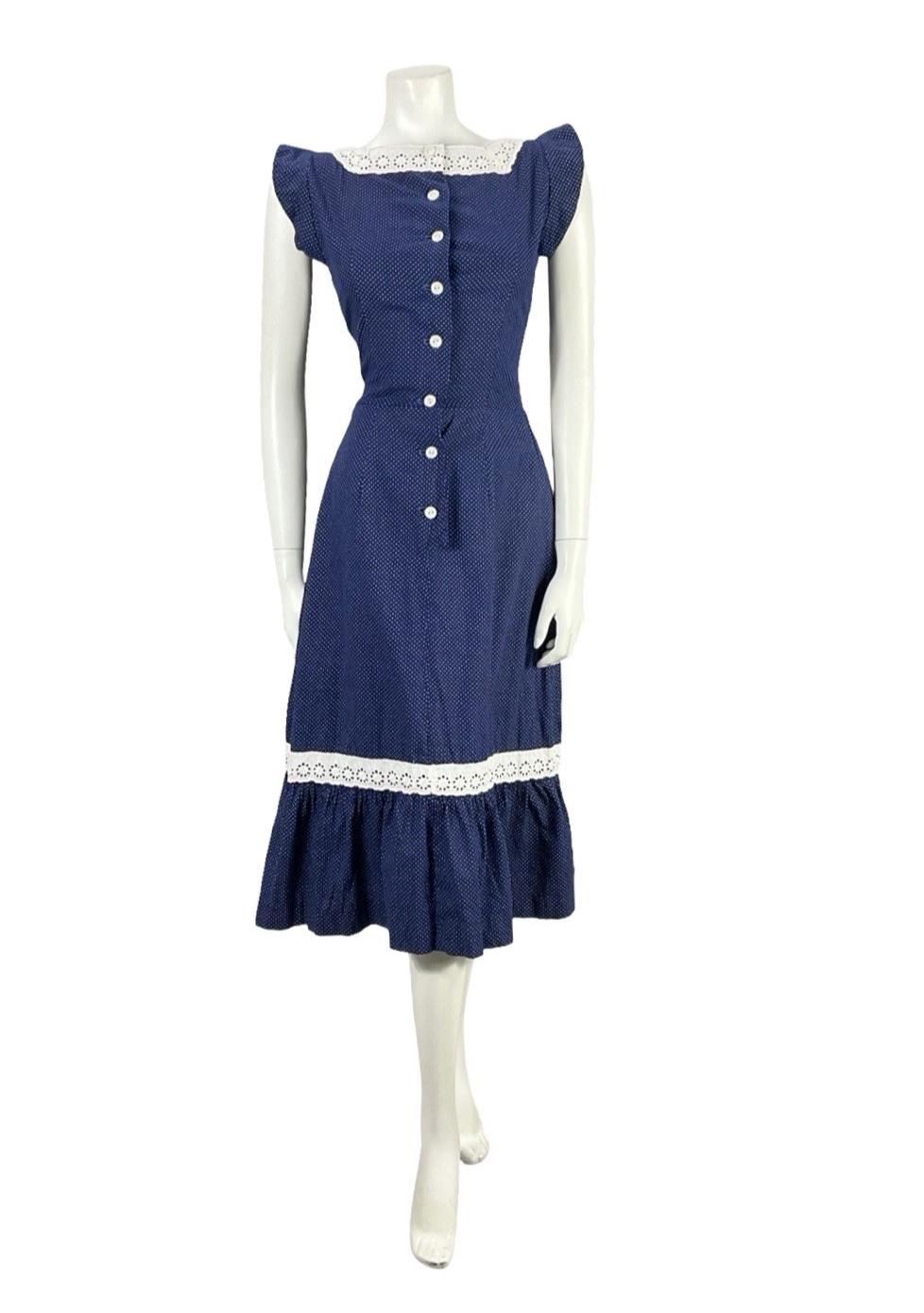 VTG 70S NAVY BLUE WHITE ANGLAISE POLKA DOT RUFFLE COTTAGE PRAIRIE DRESS 8