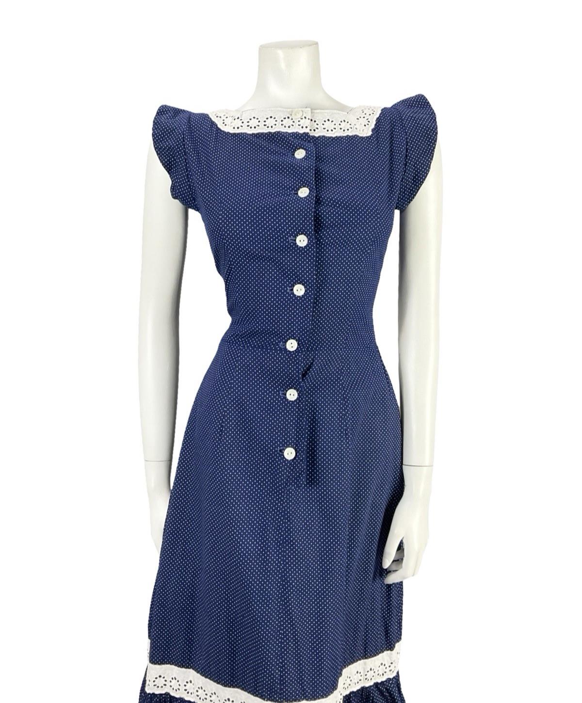VTG 70S NAVY BLUE WHITE ANGLAISE POLKA DOT RUFFLE COTTAGE PRAIRIE DRESS 8