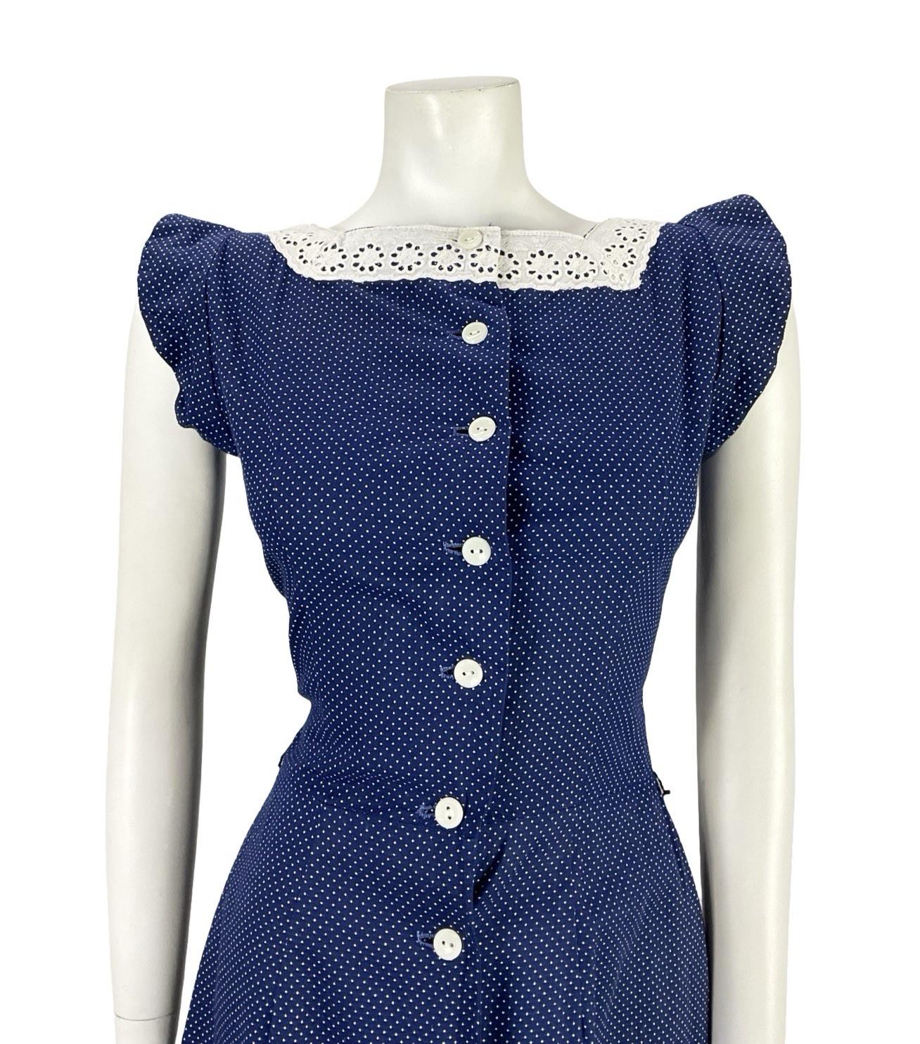 VTG 70S NAVY BLUE WHITE ANGLAISE POLKA DOT RUFFLE COTTAGE PRAIRIE DRESS 8