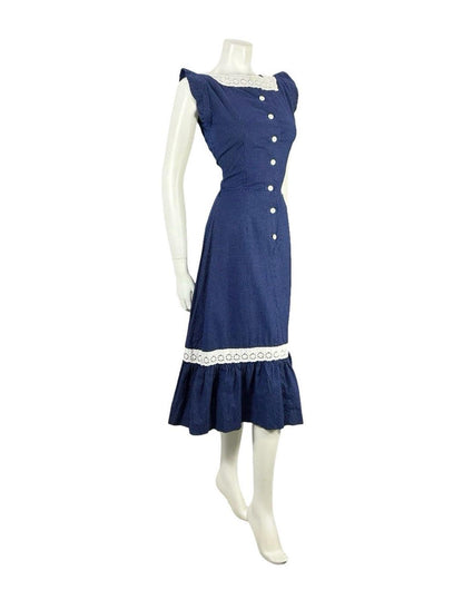VTG 70S NAVY BLUE WHITE ANGLAISE POLKA DOT RUFFLE COTTAGE PRAIRIE DRESS 8