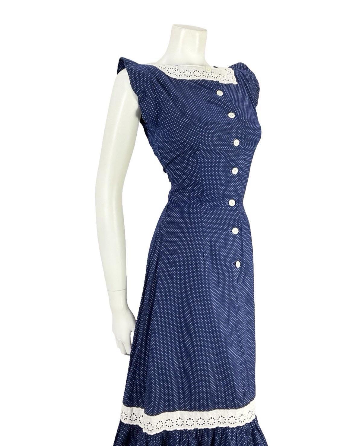 VTG 70S NAVY BLUE WHITE ANGLAISE POLKA DOT RUFFLE COTTAGE PRAIRIE DRESS 8
