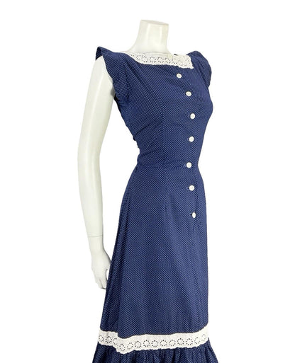 VTG 70S NAVY BLUE WHITE ANGLAISE POLKA DOT RUFFLE COTTAGE PRAIRIE DRESS 8